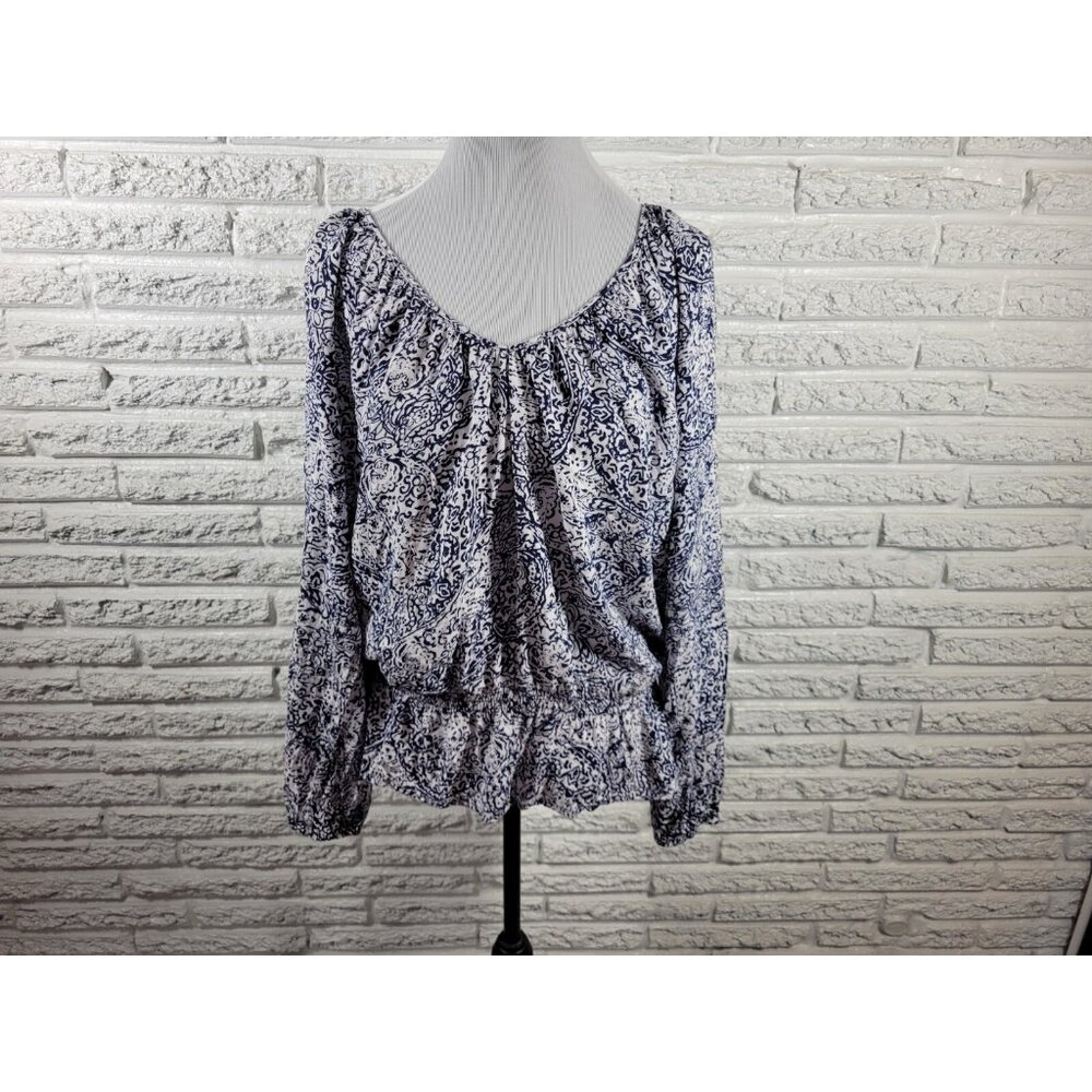Faded Glory Women Top XXL 20 Plus Long Sleeve Peplum Blue Floral FLO148E